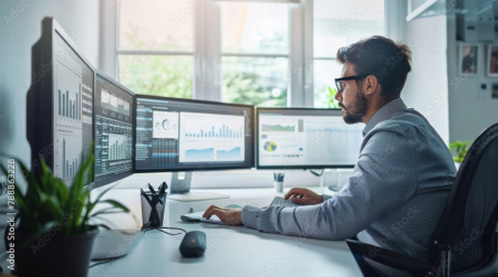 A male IT professional is analyzing data on multiple screens