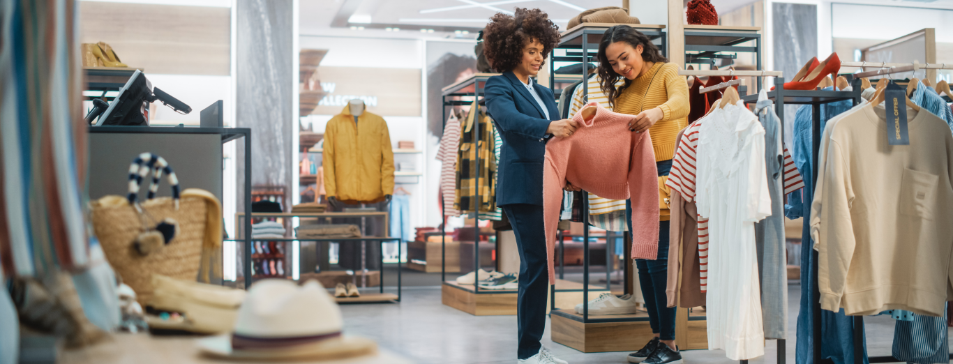 Two women checking out a pink sweater in a retail store