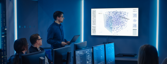 A group of IT professionals are discussing an IT project on a large screen in a meeting room