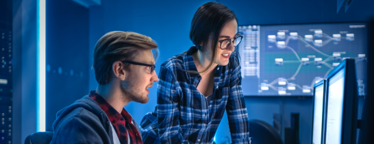 A female and a male IT professional are working on a computer screen