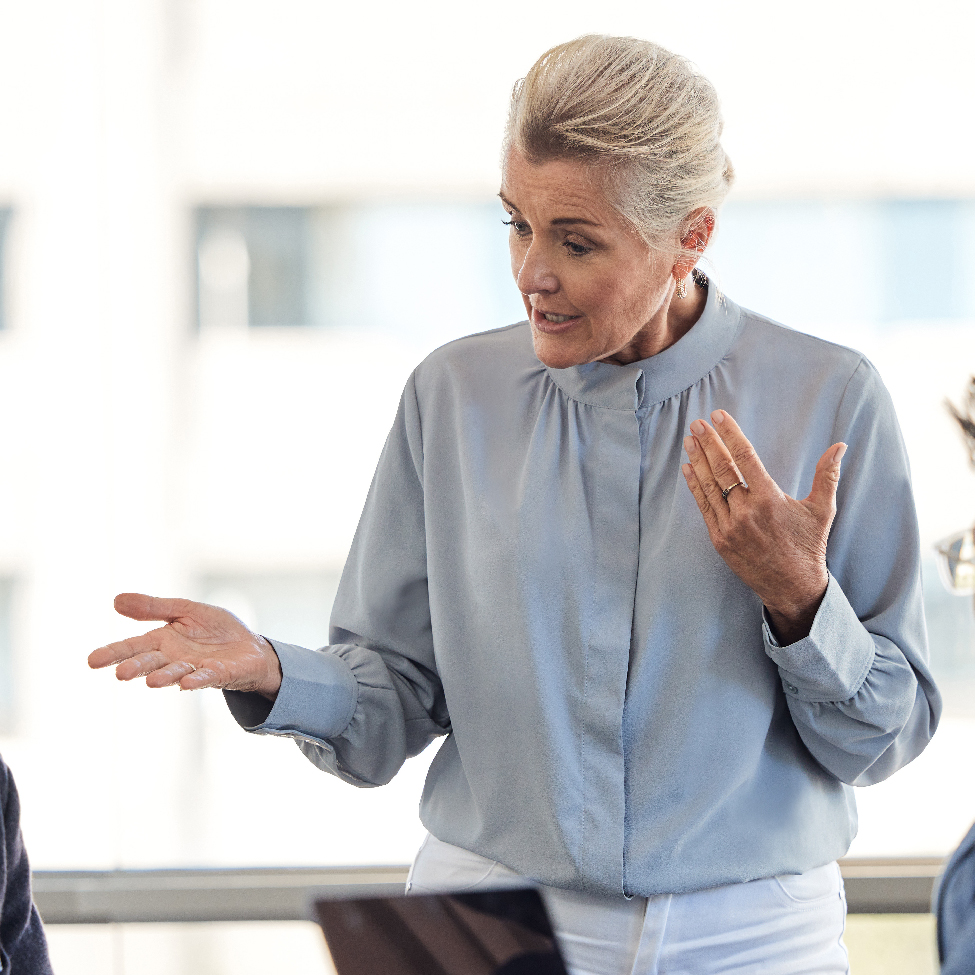 A female IT professional is explaining advanced analytics in a business meeting